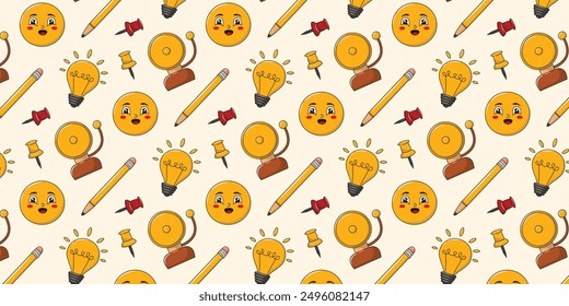 Back to school seamless pattern with stationery. Background or pattern with vector educational elements. School bell, pushpin, light bulb, pencil, smiley face, yellow color palette. 