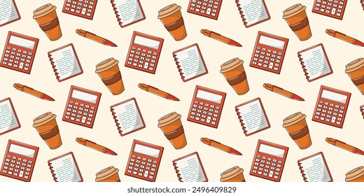 Back to school seamless pattern with stationery. Background or pattern with vector educational elements. Calculator, pen, notebook, coffee, cup, orange warm fall collection. 