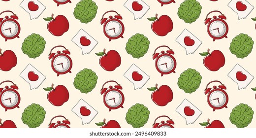Back to school seamless pattern with stationery. Background or pattern with vector educational elements. Apple, brain, alarm clock, clock, red and green color palette.