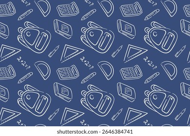 Back to school seamless pattern with stationery supplies, exercise book, calculator, backpack, ruler on a blue background in line art style.