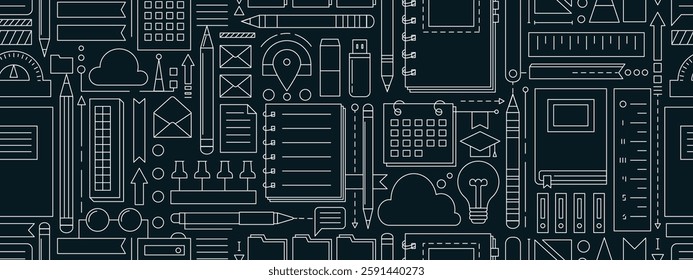 Back to school seamless pattern with study supplies and office stationery. Geometric poster of education and work concept with icons of pen, pencil, book, notebook, vector illustration