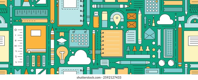 Back to school seamless pattern with study supplies and office stationery. Geometric poster of education and work concept with icons of pen, pencil, book, notebook, calendar and folders, vector illust