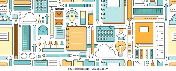 Back to school seamless pattern with study supplies and office stationery. Geometric poster of education and work concept with icons of pen, pencil, book, notebook, calendar and folders, vector illust