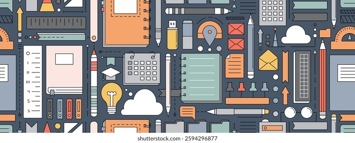 Back to school seamless pattern with study supplies and office stationery. Geometric poster of education and work concept with icons of pen, pencil, book, notebook, calendar and folders, vector illust