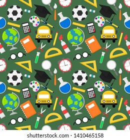 back to school seamless pattern. school supplies. education items on blackboard background. vector Illustration.