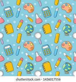 back to school seamless pattern. school supplies. education items on blue background. vector Illustration.