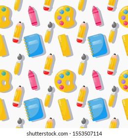 back to school seamless pattern. school supplies. education items on white background. vector Illustration.