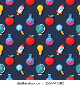 back to school seamless pattern. school supplies. education items on blue background. vector Illustration.