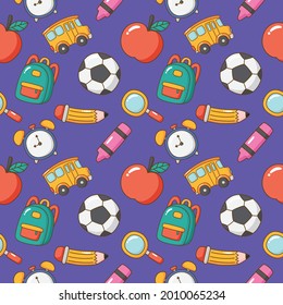 back to school seamless pattern. school supplies. education items on purple background. vector Illustration.