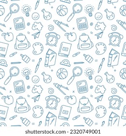 Back to School Seamless pattern, school supplies background. Vector illustration in doodle, simple line style