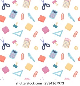 Back to school seamless pattern with supplies. Background with doodle vector multicolored elements.