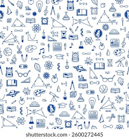 Back to school seamless pattern with school supplies. Education, science concept background