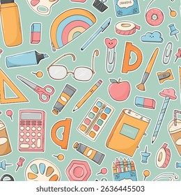 Back to school seamless pattern with school supplies doodles, cartoon elements on green background for prints, stationery, wallpaper, wrapping paper, backgrounds, covers. EPS 10