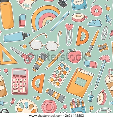 Back to school seamless pattern with school supplies doodles, cartoon elements on green background for prints, stationery, wallpaper, wrapping paper, backgrounds, covers. EPS 10