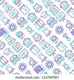 Back to school seamless pattern with thin line icons: backpack, bell, book, microscope, knowledge, owl, graduation cap, bus, chemistry, biology, blackboard, physics, exam. Modern vector illustration.