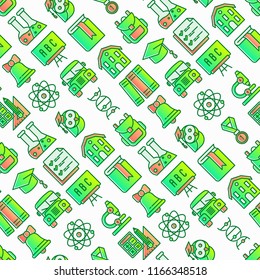 Back to school seamless pattern with thin line icons: backpack, bell, book, microscope, knowledge, owl, graduation cap, bus, chemistry, mathematics, biology, blackboard. Modern vector illustration.