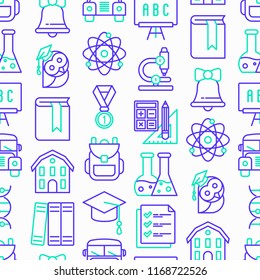 Back to school seamless pattern with thin line icons: backpack, bell, book, microscope, knowledge, owl, graduation cap, bus, chemistry, mathematics, biology, blackboard. Vector illustration.