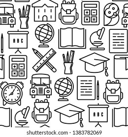 Back to school seamless pattern with thin line icons in circle: school bus, globe, books, backpack, calculator, pen, pencil.  Vector illustration for background.