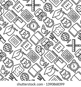 Back to school seamless pattern with thin line icons in circle: school bus, globe, books, backpack, calculator, pen, pencil.  Vector illustration for background.