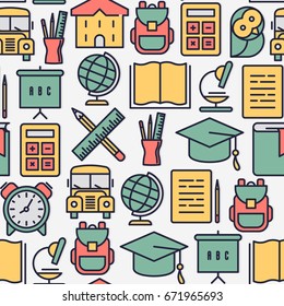 Back to school seamless pattern with thin line icons in circle: school bus, globe, books, backpack, calculator, pen, pencil.  Vector illustration for background.