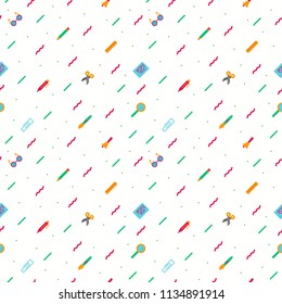 back to school seamless pattern trendy colorful style on white background with education supplies such us pen, glass, ruler, pencil, brush  for poster, party, super sale offer. vector 10 eps