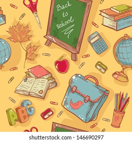 Back to school seamless pattern with various study items in cartoon hand drawn style