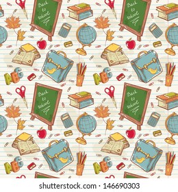 Back to school seamless pattern with various study items in cartoon hand drawn style