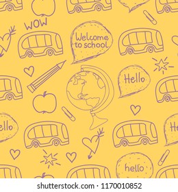 Back to school seamless pattern. Vector hand drawn illustration of symbols on yellow color background.