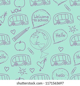 Back to school seamless pattern. Vector hand drawn illustration of symbols on color background.