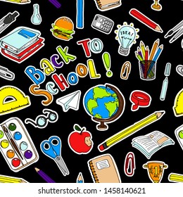 Back to school seamless pattern. Vector illustration with elements for education on a black background. The texture for the design of your design notebooks, diaries, school sites. Doodles sketch.