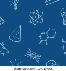 Back to school seamless pattern. Vector illustrations of educational supplies in doodle style. Repeating background with classic blue color.