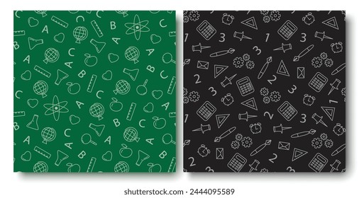 Back to school seamless pattern vector poster set. School supplies, items, materials and elements in endless doodle hand drawn pattern for educational wallpaper background. Vector illustration school 