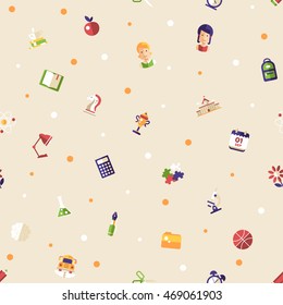 Back to school seamless pattern of vector education, college flat design icons and infographics elements