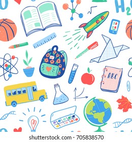 Back to school seamless pattern. Vector school bus, rocket, globe, backpack, ball, book, chemistry, test tubes, paint, plant, telephone. School doodles icons illustration.
