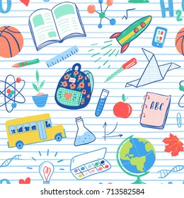 Back to school seamless pattern. Vector school bus, rocket, globe, backpack, ball, book, chemistry, test tubes, paint, plant, telephone. School doodles icons illustration.