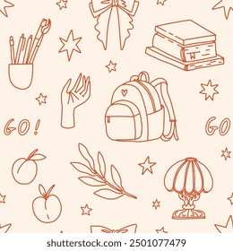 Back to school seamless pattern with whimsical collection of doodle-style illustrations. Cute educational supplies, nature elements in a light backdrop. Vector texture