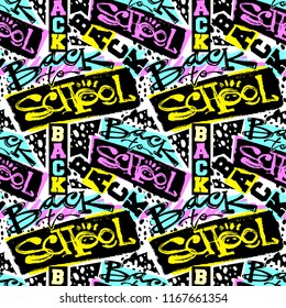 Back school seamless pattern.Hand craft expressive ink hipster pattern.Grunge urban dynamic expressive bright painting.Print for textile,apparel, wrapping paper.