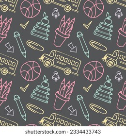 Back to school seamless pattern.Seamless pattern with objects and school supplies isolated on dark gray background. 