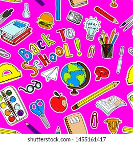 Back to school seamless pink pattern. Vector illustration with elements for education on a white background. Girl rosy design. The texture for the design of your design notebooks, diaries, school site