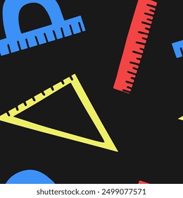 Back to school seamless vector chaotic pattern featuring rulers isolated on blue background