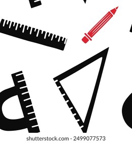 Back to school seamless vector chaotic pattern featuring rulers isolated on blue background