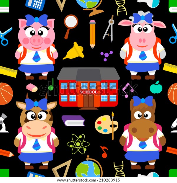 Back to\
school seamless vector with funny animals\
