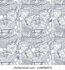 Back to school seamless vector pattern with hand drawn doodle school supplies and stationery. Outliner vector card with drawing supplies - notebook; sharpener, bag, marker; paintbrush, and others.
