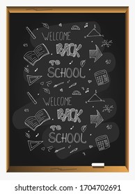 Back to school seamless vector pattern on blackboard background. Concept of education. Freehand drawing school items. Vector illustration.