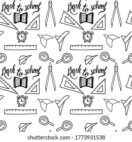 Back to school. Seamless vector pattern. A set of school accessories drawn with lines on a white background. Pattern for school notebook, Notepad, folder, paper, fabric, design and decor.