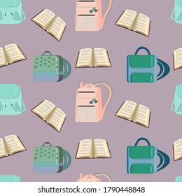 ''Back to school'' seamless vector pattern. With different school bags and books, have bej background.
