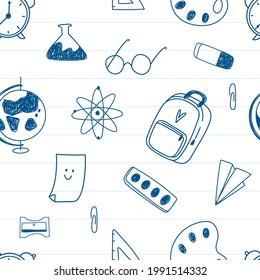 Back to school seamless vector pattern for textile fabric design, wrapping paper and website wallpapers. Funny seamless pattern with school supplies and creative elements. Pen sketch background.