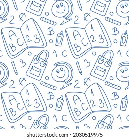 Back to school Seamless vector pattern. Hand drawn blue ballpoint pen illustration for school children. Design of fabric, paper, packaging in doodle style