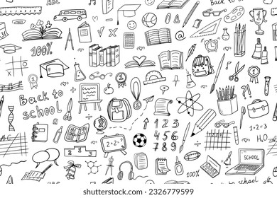 Back to school seamless vector pattern. Great for textile fabric design, wrapping paper, banner, posters, cards, stickers, professional design and website wallpapers. Doodle style