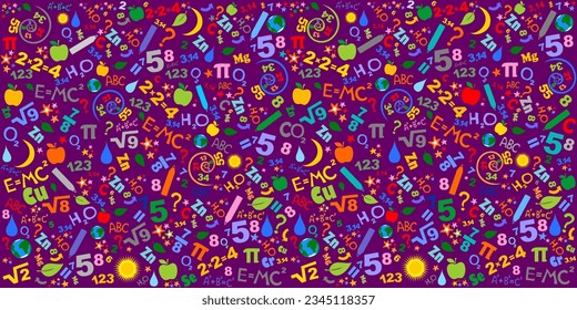 Back to school seamless vector pattern. Good for textile fabric design, wrapping paper and website wallpapers. Concept of education. School seamless pattern with math formulas and figures. Vector 